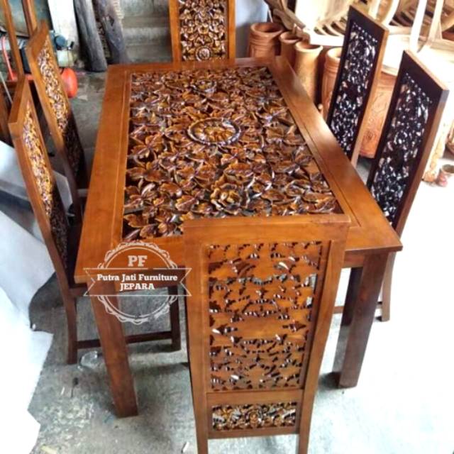 Meja Kursi Makan Keluarga Bahan Kayu Jati Full Ukir Dari Jepara Promo