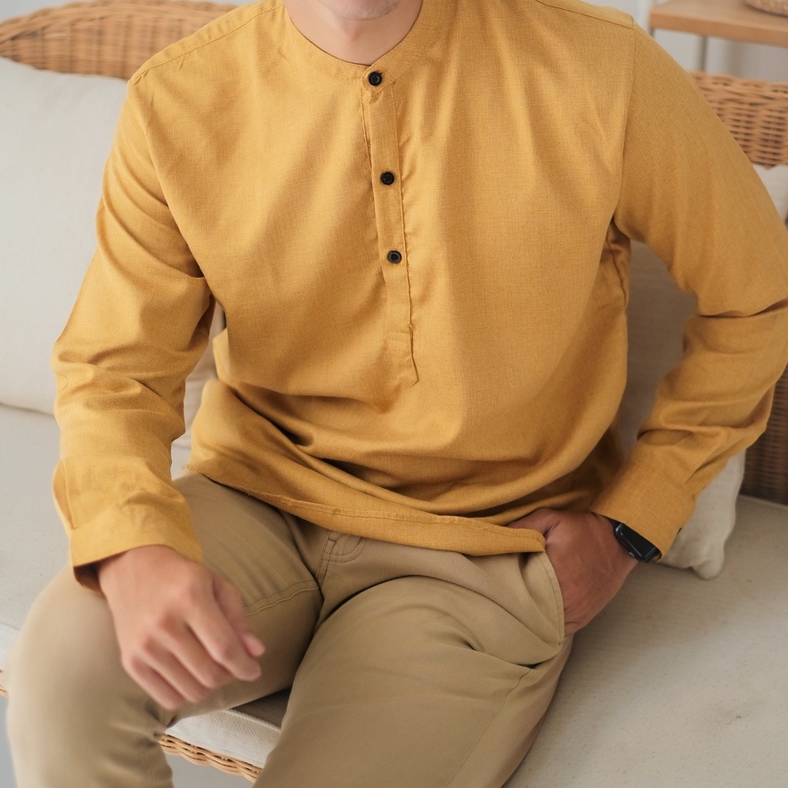 Baju Muslim Koko Qurta Pria Lengan Panjang Mustard - Mustard,