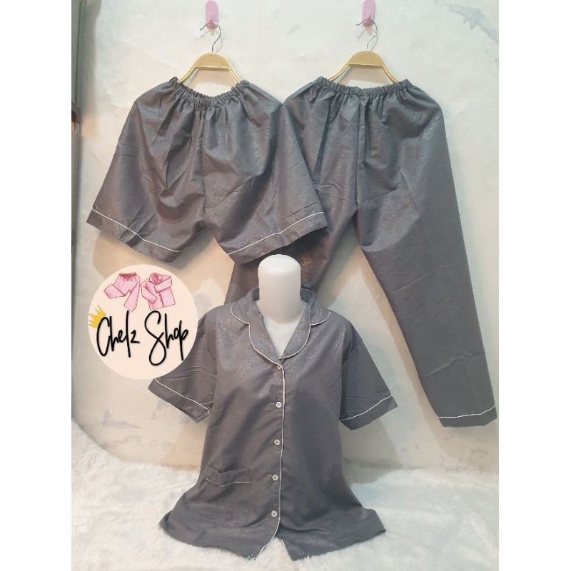 Baju Tidur Piyama Wanita Cewek Pajamas Dewasa Katun Motif Embos 3 in 1-3 IN 1 EMBOS DRK GRY