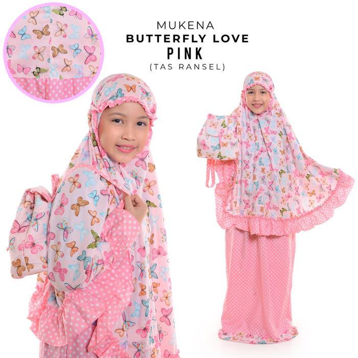 Mukena Anak Katun Butterfly Love Pink ( Tas Ransel )