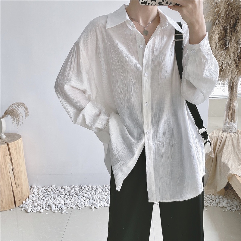 Crinkle Blouse Putih Kemeja Lengan Panjang Wanita Korean Style