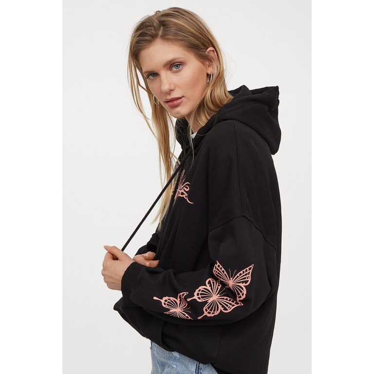 Hoodie HM Butterfly Hitam Sweater Hoodie Pria Wanita