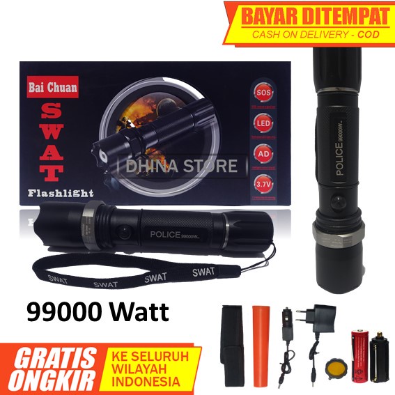 Senter Swat Police 99000 Watt Original Lengkap Batrai charger Cas Senter LED Super Terang Jarak jauh