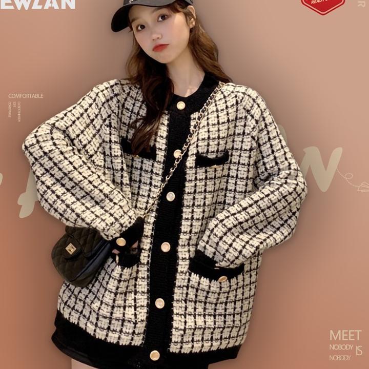 Serbuuuu.. Newlan WT008 Outer kardigan tweed wanita lengan panjang kotak-kotak hitam putih Outwear W