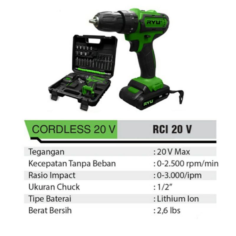 RYU CORDLESS DRILL IMPACT 20V MESIN BOR RYU RCI 20V