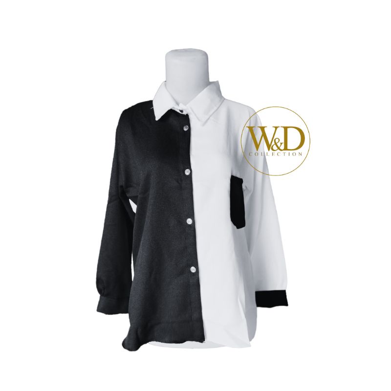 Kemeja Wanita Polos Casual Blouse Basic Kombinasi Warna Lengan Panjang Kekinian  Moscrepe-Hitam kombi 84