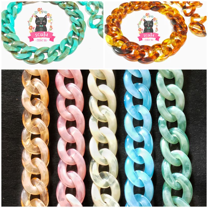 [50Pcs] Rantai Akrilik Oval Ulir Pipih Motif Leopard, Marmer Bening Ice (Harga Per 10pcs)