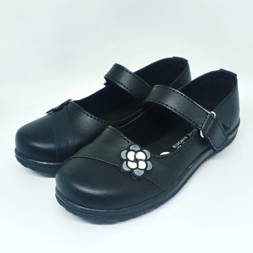 Aline Sepatu Anak Perempuan Size 26-35 Pantofel Sekolah Hitam PAUD TK SD Flats Bunga/Pita AA10