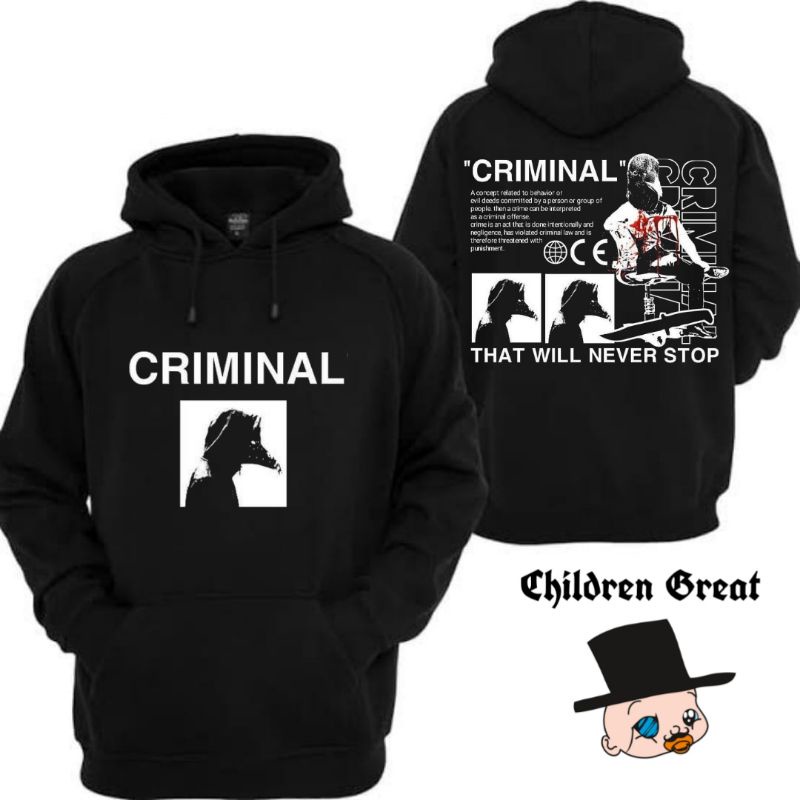Jaket Hoodie CRIMINAL zipper distro dewasa tee jacket hitam polos sweater sweatShirt katun crewneck