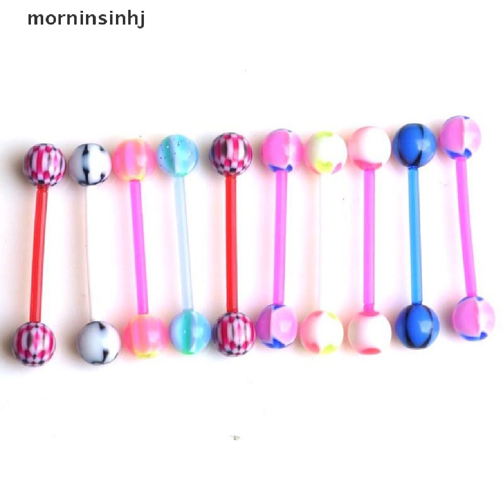 Mornin 10pcs Anting Tindik Lidahputingpusartubuh Desain Barbell Aneka Warna Untuk Priawanita