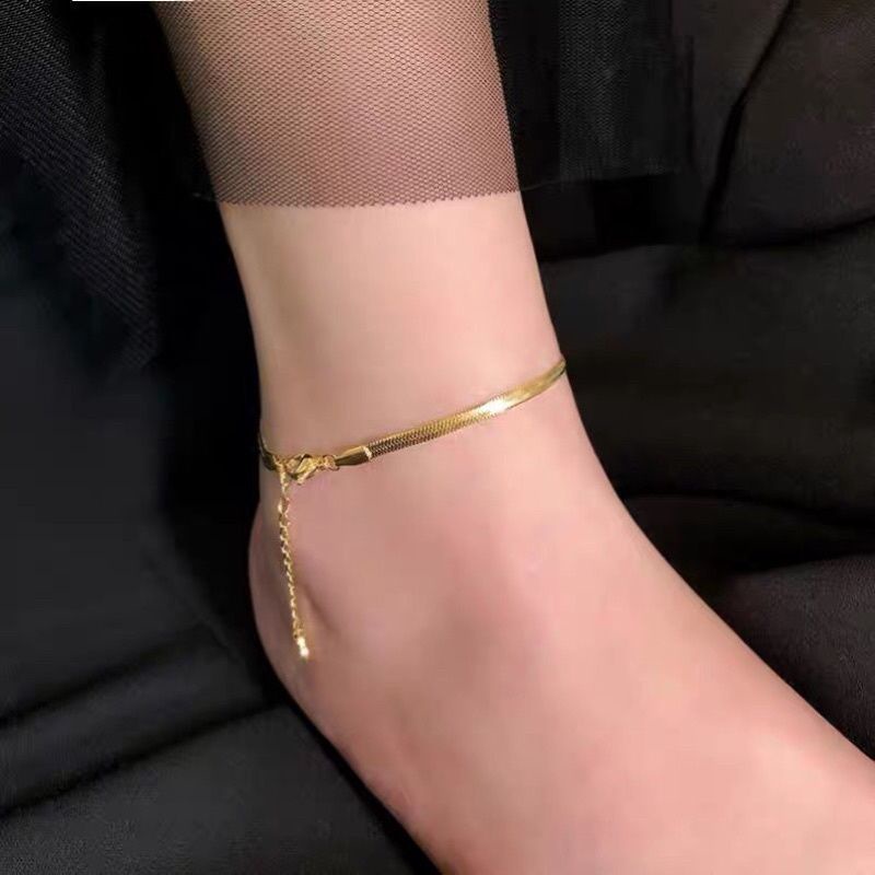 Gelang Kaki Titanium Rantai Gepeng Lapis Emas 24K