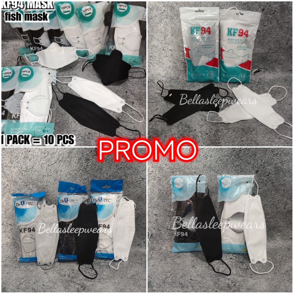 PROMO KF94 10 PC  - MASKER 4PLY DR ITC ONCARE FISH MASK KOREA HITAM PUTIH ABU