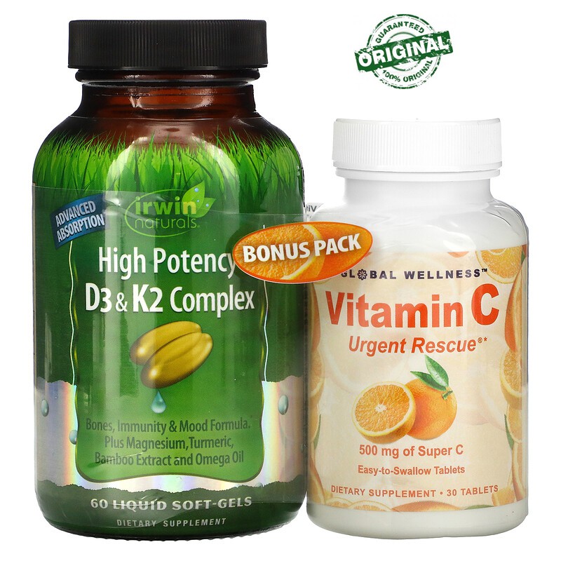 Irwin Naturals, High Potency D3 & K2 Complex, 60 Liquid Soft-Gels + Vitamin C, 500 mg, 30 Capsules