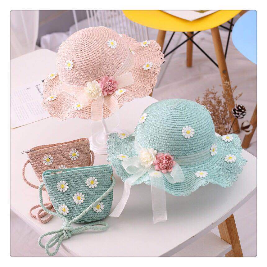 NEW Set Topi dan tas anyam motif bunga daisy