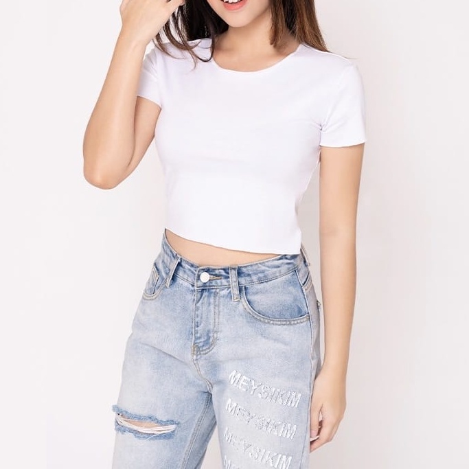 Crop Top Polos Oneck Kaos Wanita Tumblr Crop Tee Tshirt Kaos Korea