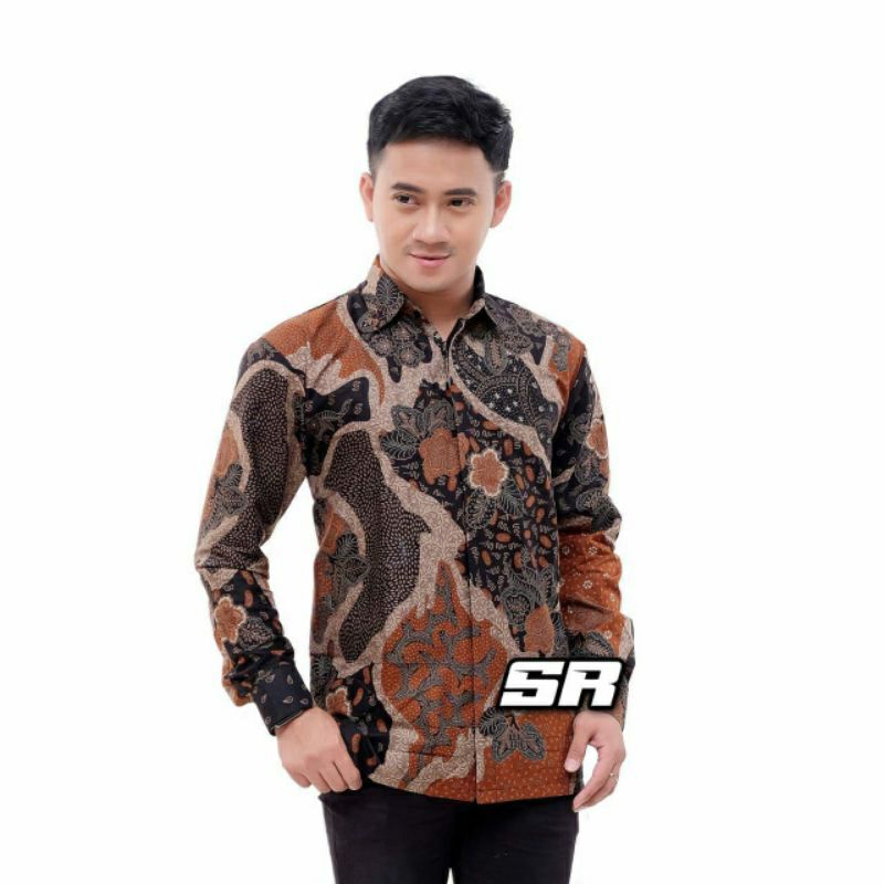 Batik kemeja pria lengan panjang lapis furing batik bahan katun size reguler Najib orange