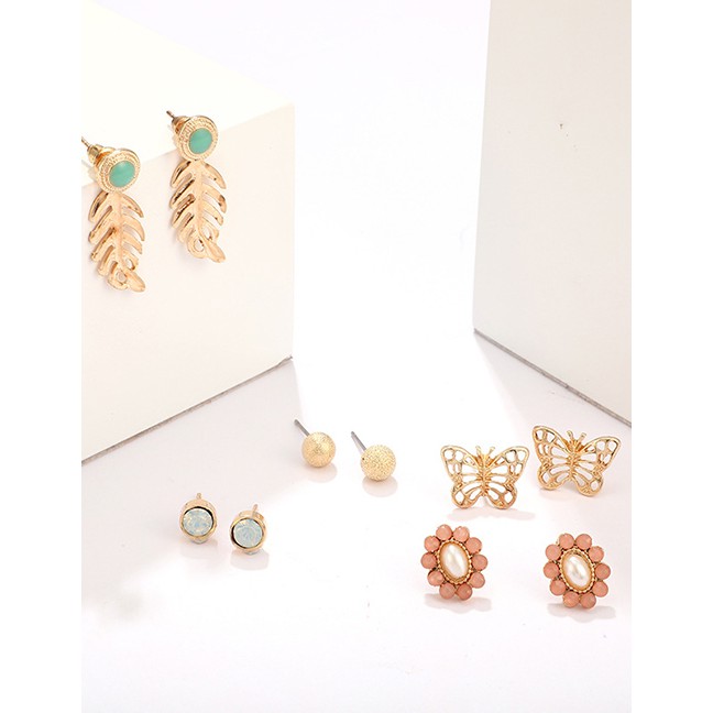 LRC Anting Set Fashion Gold Alloy Openwork Butterfly Flower With Diamond Leaf Studs 5 Pairs F78109