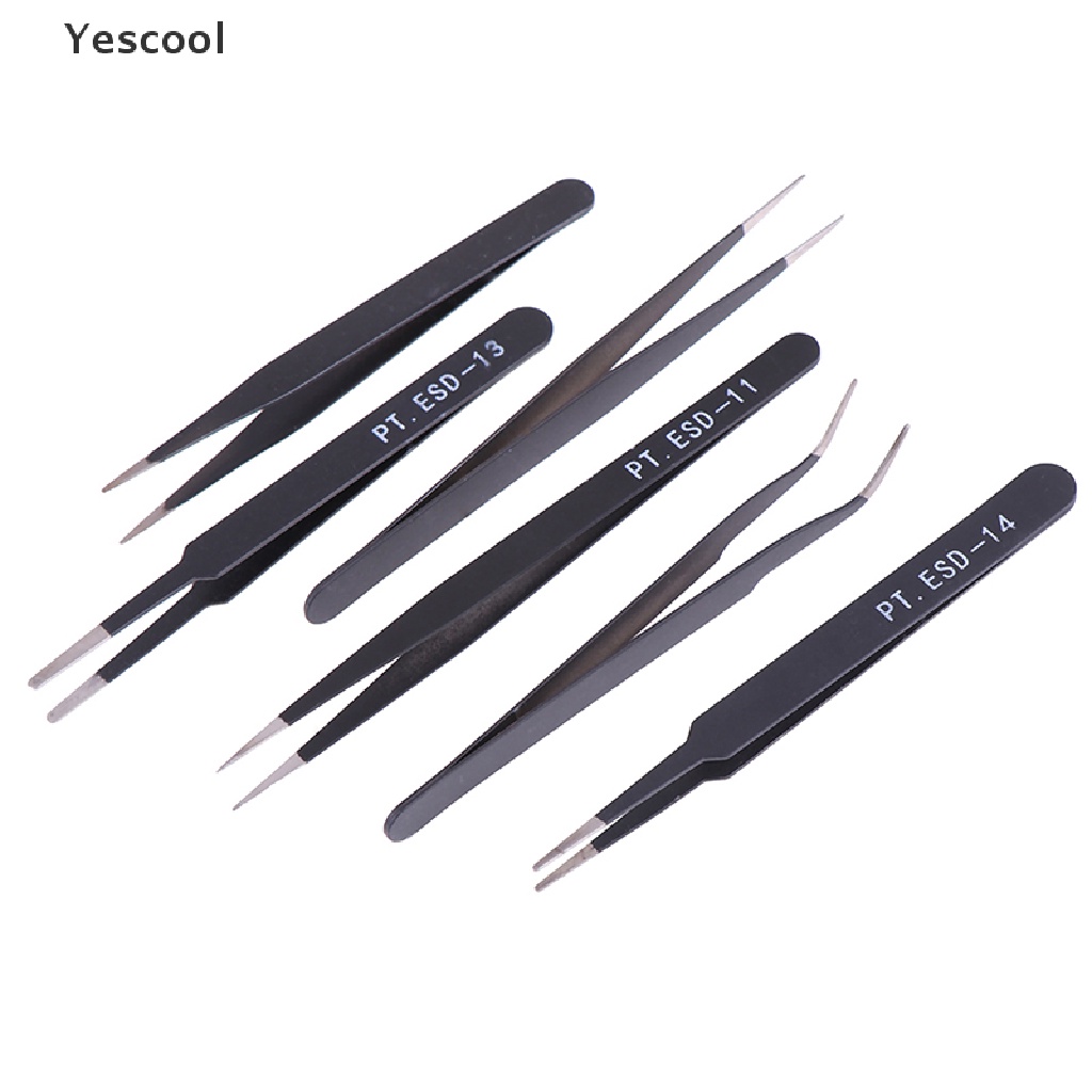 Yescool 6Pcs Pinset Lurus / Lengkung anti Statis Untuk Reparasi esd