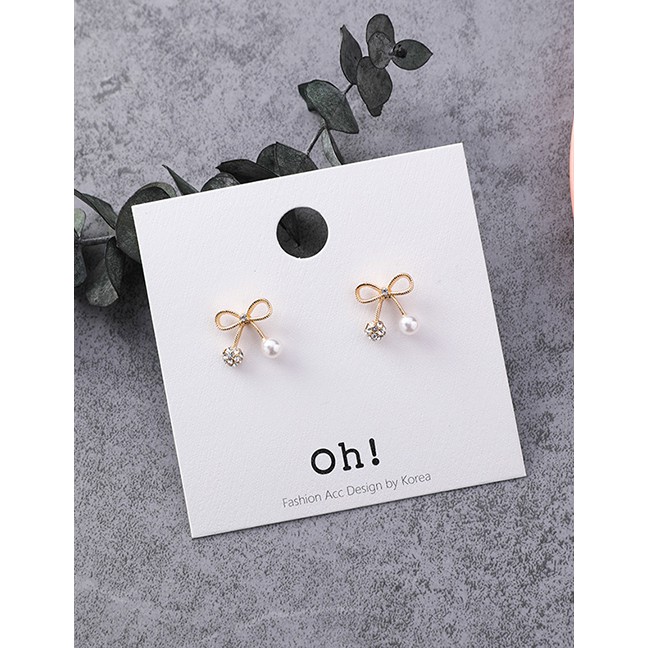 LRC Anting Tusuk Fashion Gold Openwork Bow With Diamond Pearl Earrings F48239