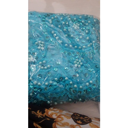 Slayer Pengantin / Hijab Pengantin / Veil Pengantin / Selendang Pengantin / Selendang Ibu Besan / Selendang Akad / Kerudung Bordir Mutiara-Biru frozen