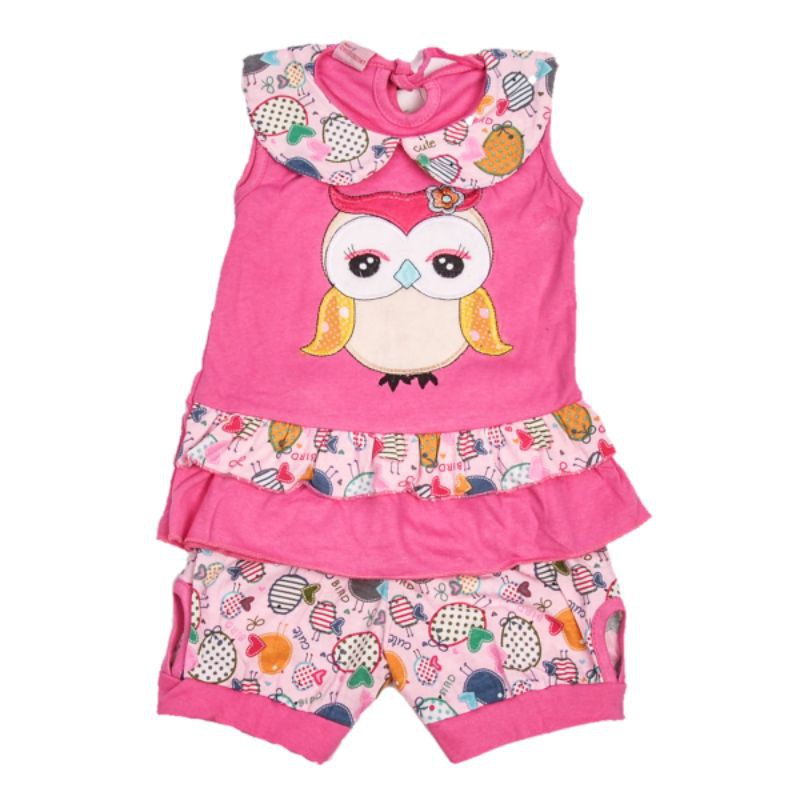 SETELAN BAJU ANAK PEREMPUAN MOTIF OWL 1-2 TAHUN WARNA PINK FANTA BIRU