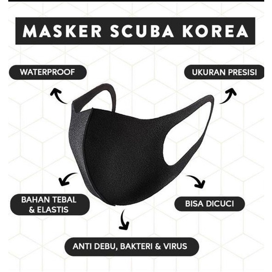 Masker Scuba Dewasa Import Bahan Tebal Berkualitas Anti Virus Hitam Polos Earloop Murah