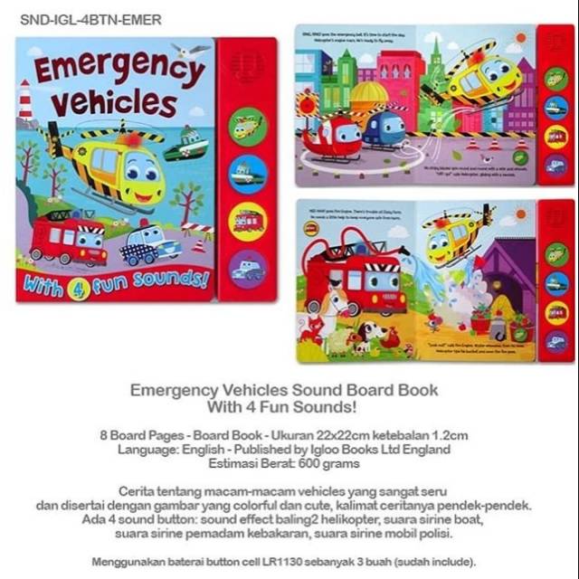 Emergency vehicles  sound board book with 4 fun sounds
