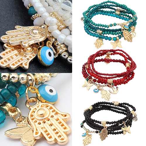 Hu Hu Hu Hu Hu Alat Bantu Pasang Kacamata♡ Gelang Tangan Manik-Manik Multi Layer Wanita Desain Hamsa Fatima Hand Butterfly Jangkar Mata