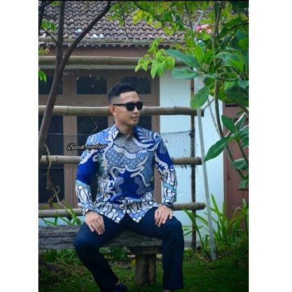 Batik pria lengan panjang BIRU NAVY DONGKER modern  ORIGINAL BAJU PREMIUM KEKINIAN BATIK SOLO MURAH