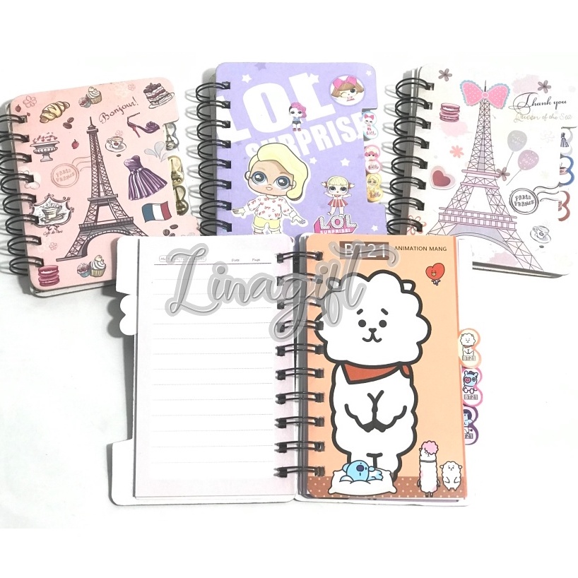 

BUKU NOTES SPIRAL SET A7 BT21 BLUE PARIS PINK LOL PURPLE