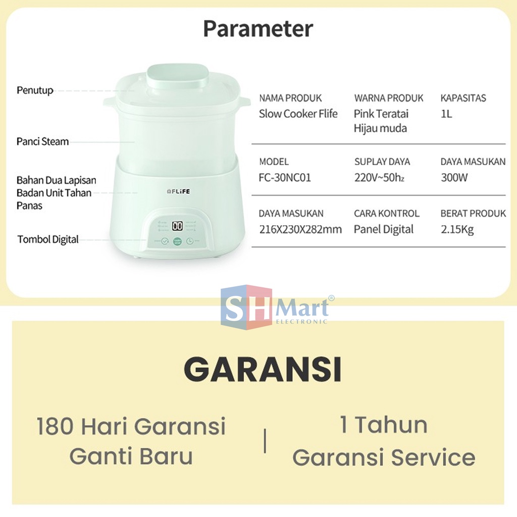 SLOW COOKER FLIFE MULTIFUNGSI KAPASITAS 1 LITER FC-30NC01 FC30NC01 BABY FOOD GARANSI RESMI (MEDAN)