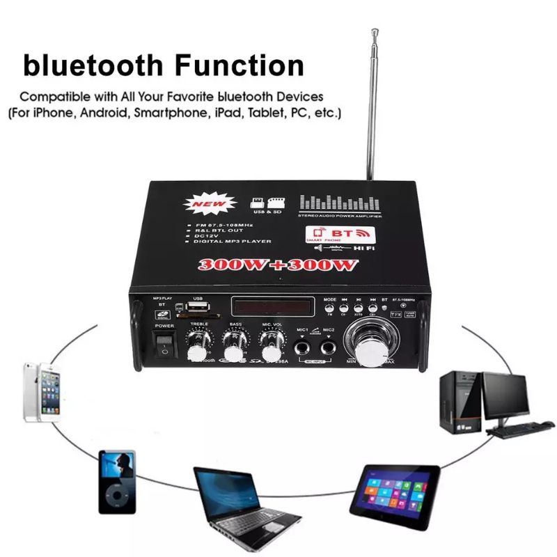 Audio Power Amplifier Home Bluetooth EQ Karaoke FM Radio 600W AC 220V