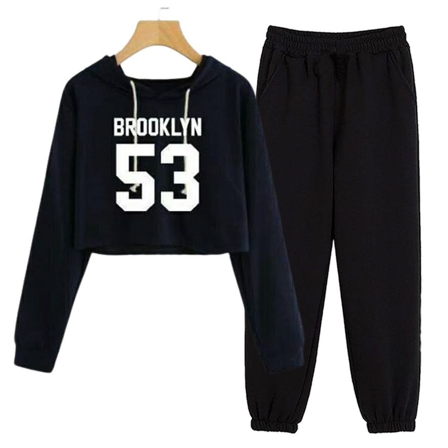 BESS - Baju Setelan Wanita Murah / Setelan Hoodie Crop + Celana Salur Putih - BROOKLYN 53