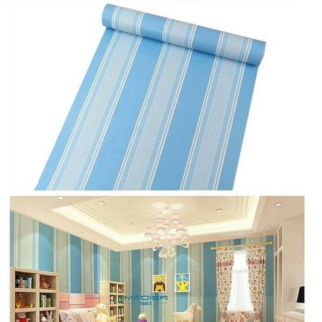 Wallpaper sticker dinding biru muda salur