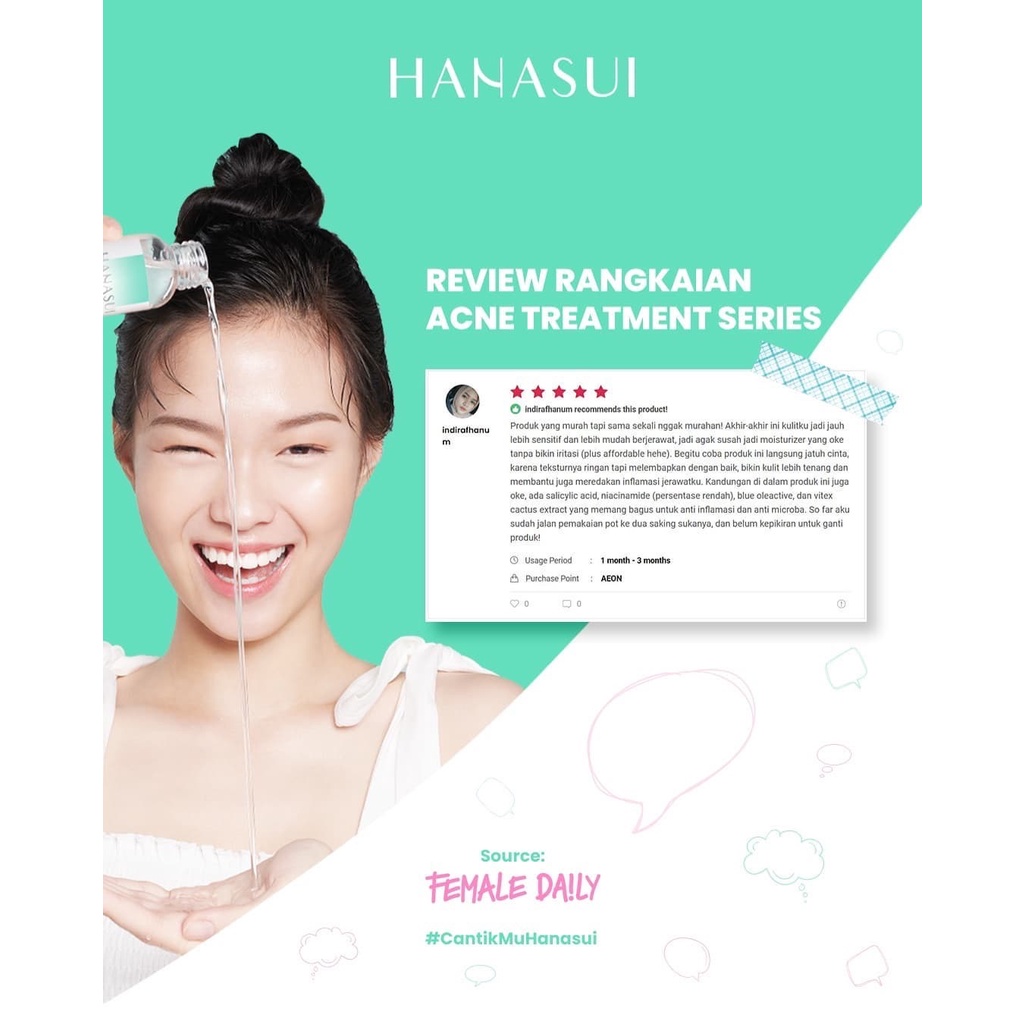 HANASUI Acne Treatment Day Cream Indonesia / Natural Acne Care Skin Protection Reduce Sebum Secretion 15g / Krim Siang Wajah Kulit Muka / Moist Pelembab / Skincare Face Facial Wash Cleanser Toner Essence Serum Night Spot Gel Paket Flawless Glow 10 Series