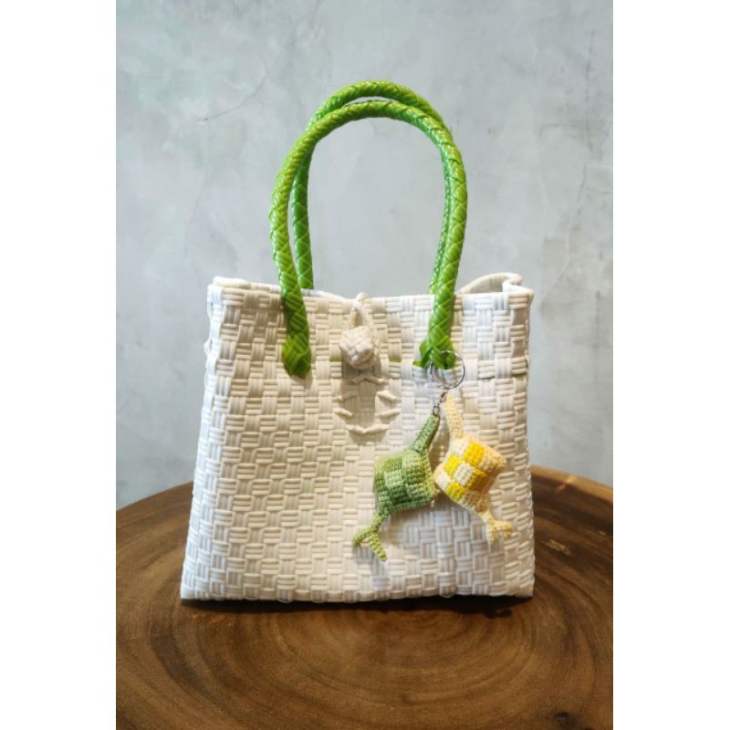 Hampers Lebaran Tas Jali Premium Eco Anyam Bag white-green/ Tas anyaman plastik Putih Hijau