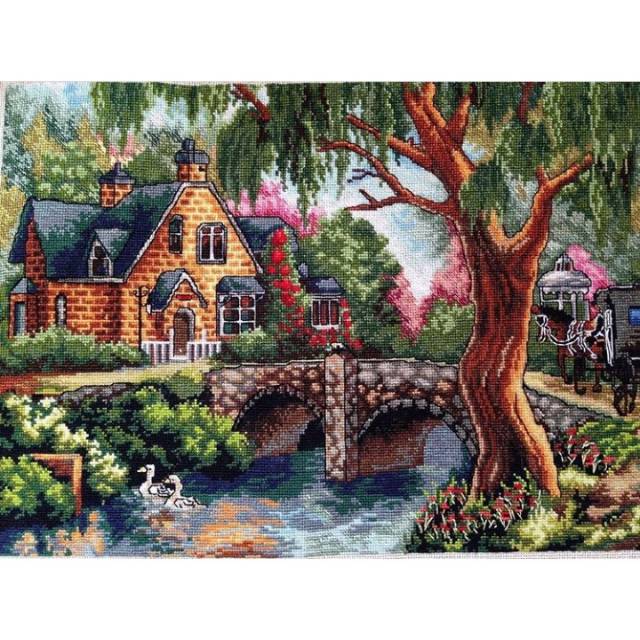 paket kristik pemandangan rumah jembatan kereta kuda eropa cross stitch 14ct