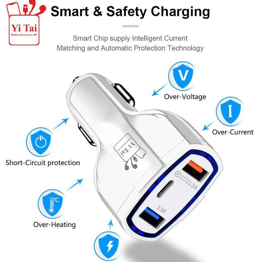 CAR CHARGER 2USB + TYPE C QUICK CHARGER YI TAI 368KC - FA