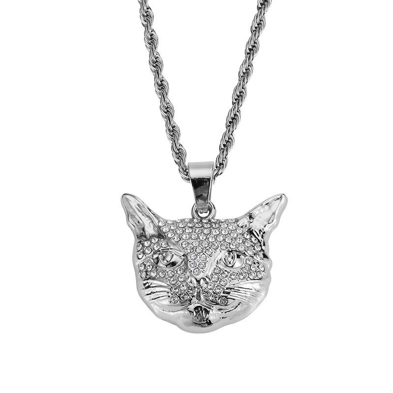 Kalung Rantai Liontin Kepala Kucing Bahan Zirkon Warna Emas Gaya Vintage Untuk Pria Dan Wanita