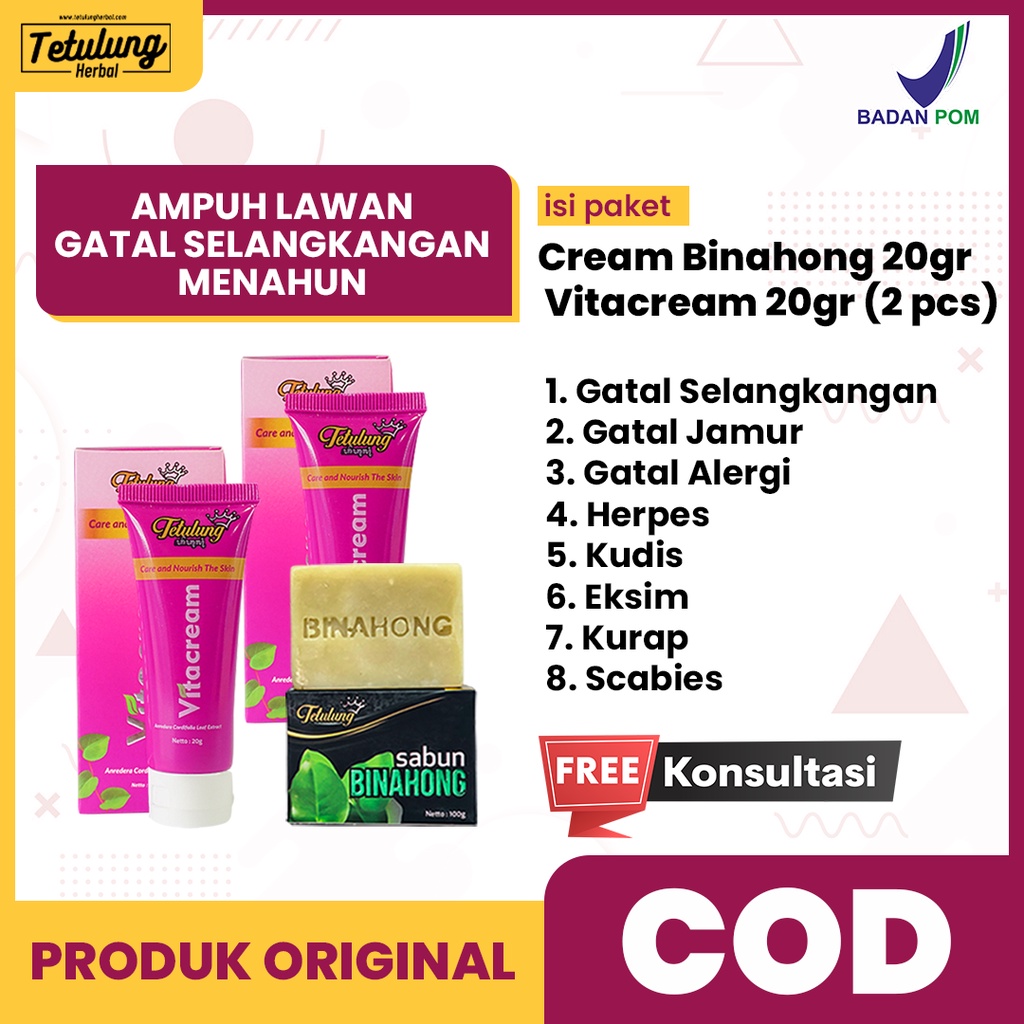 Obat Salep Gatal Selangkangan dan Kemaluan Pria / Wanita Paling Ampuh - Paket Vitacream 20gram (2 Pcs) dan Sabun Binahong