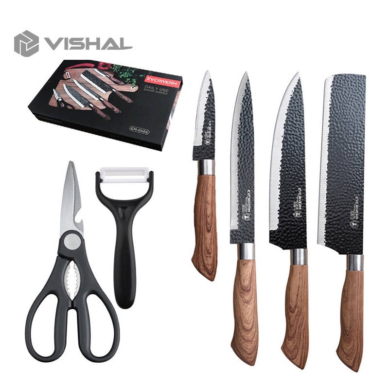 VISHAL 6Pcs PISAU SET KNIFE DIAMOND Tajam Knife Diamond Set 6in1 Pegangan Serat Kayu Pisau Dapur Set Stainless VS-1848
