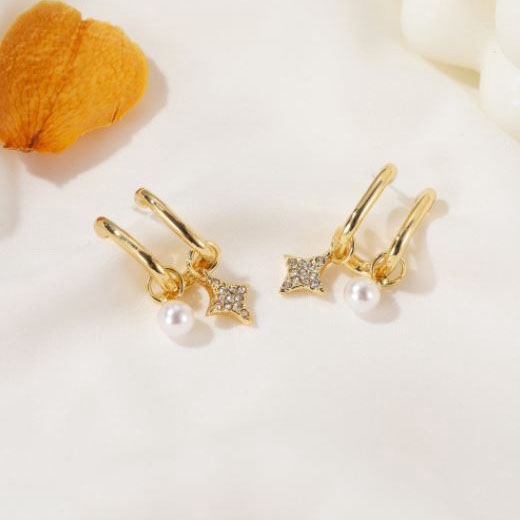 anting fashion fake double pierced pearl star earrings (3F1) jan218