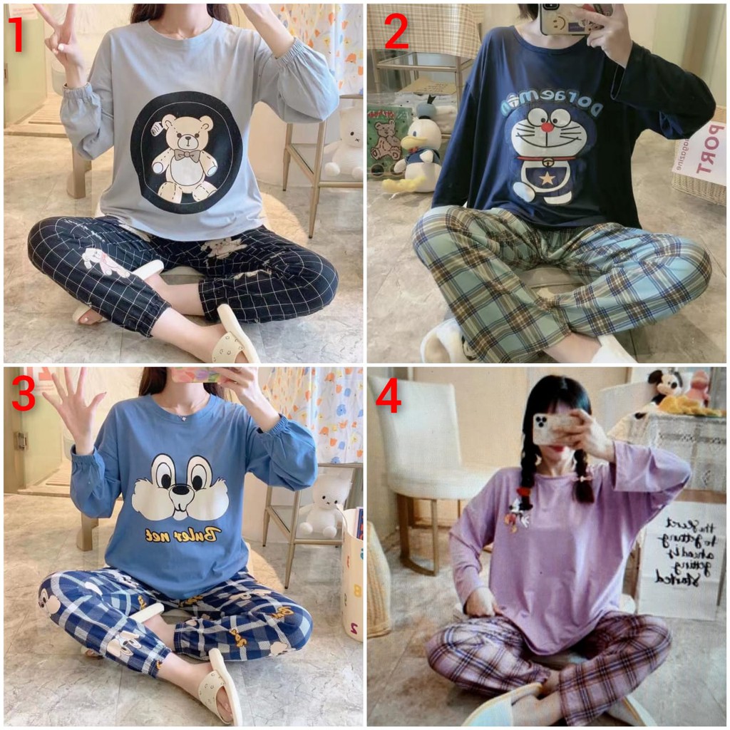 baju tidur piyama spandek lengan panjang celana panjang mickey doraemon