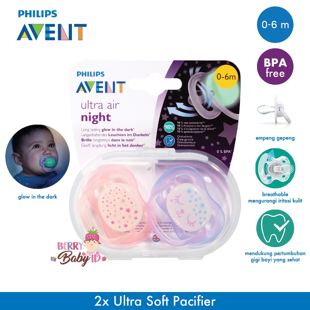 Philips Avent Ultra Air Night Empeng Bayi Soother Night Time 0-6 Month Berry Mart