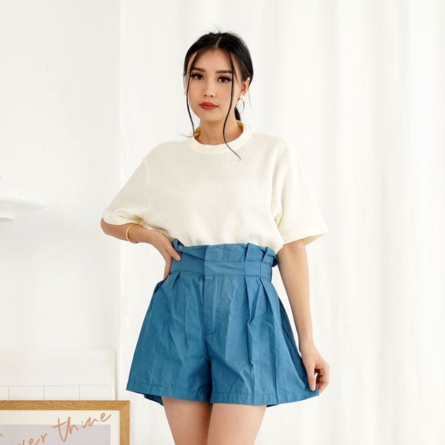 Kaos Wafle Knit Unisex Atasan Blouse Top Wanita