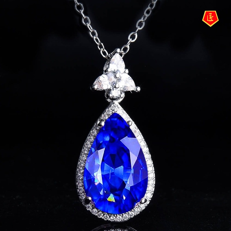 [Ready Stock]Elegant Blue Pear-Shaped Pendant Pink Crystal Gems Necklace for Women