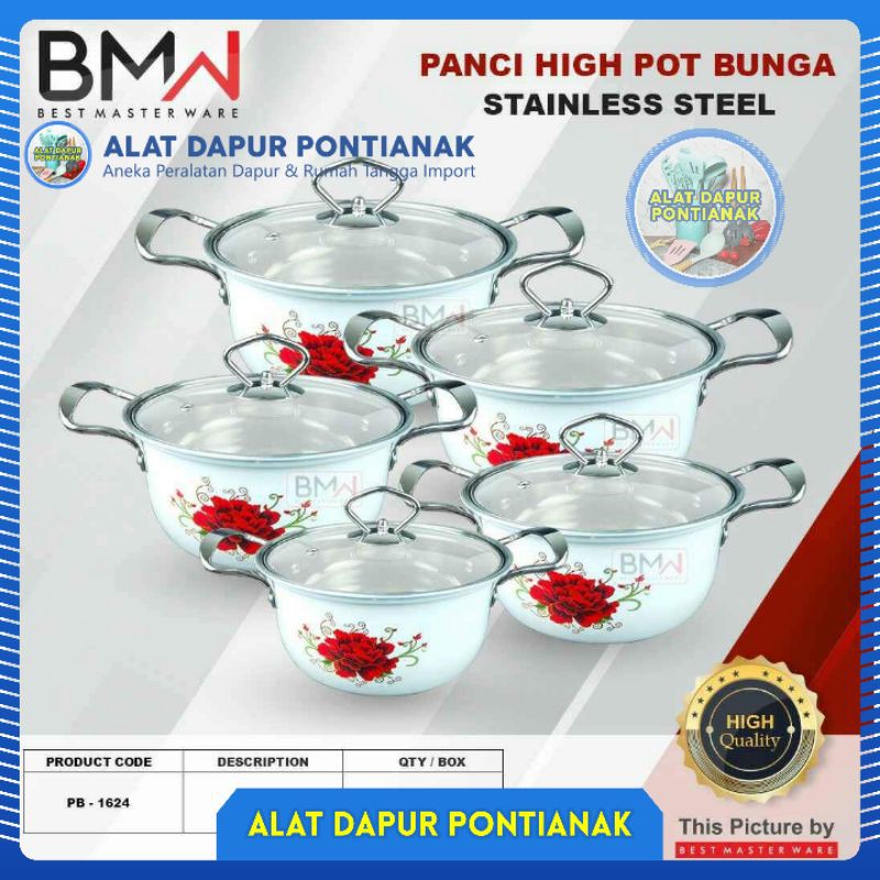 BMW Panci Sup Soup Pot SET 5 in 1 Stainless Steel Tebal Putih Motif Bunga Kembang + Tutup Full Kaca