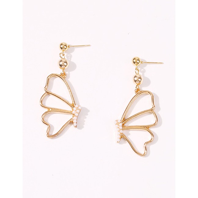 LRC Anting Tusuk Fashion Diamond And Pearl Butterfly Hollow Earrings K25805