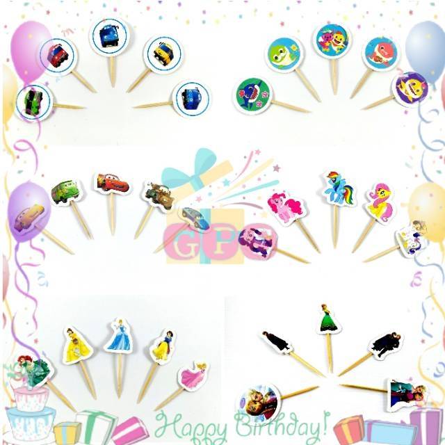 Topper Cupcake Karakter Pony Cars Frozen Tayo Baby Shark Princess Tar Tart Cake Hiasan Kue