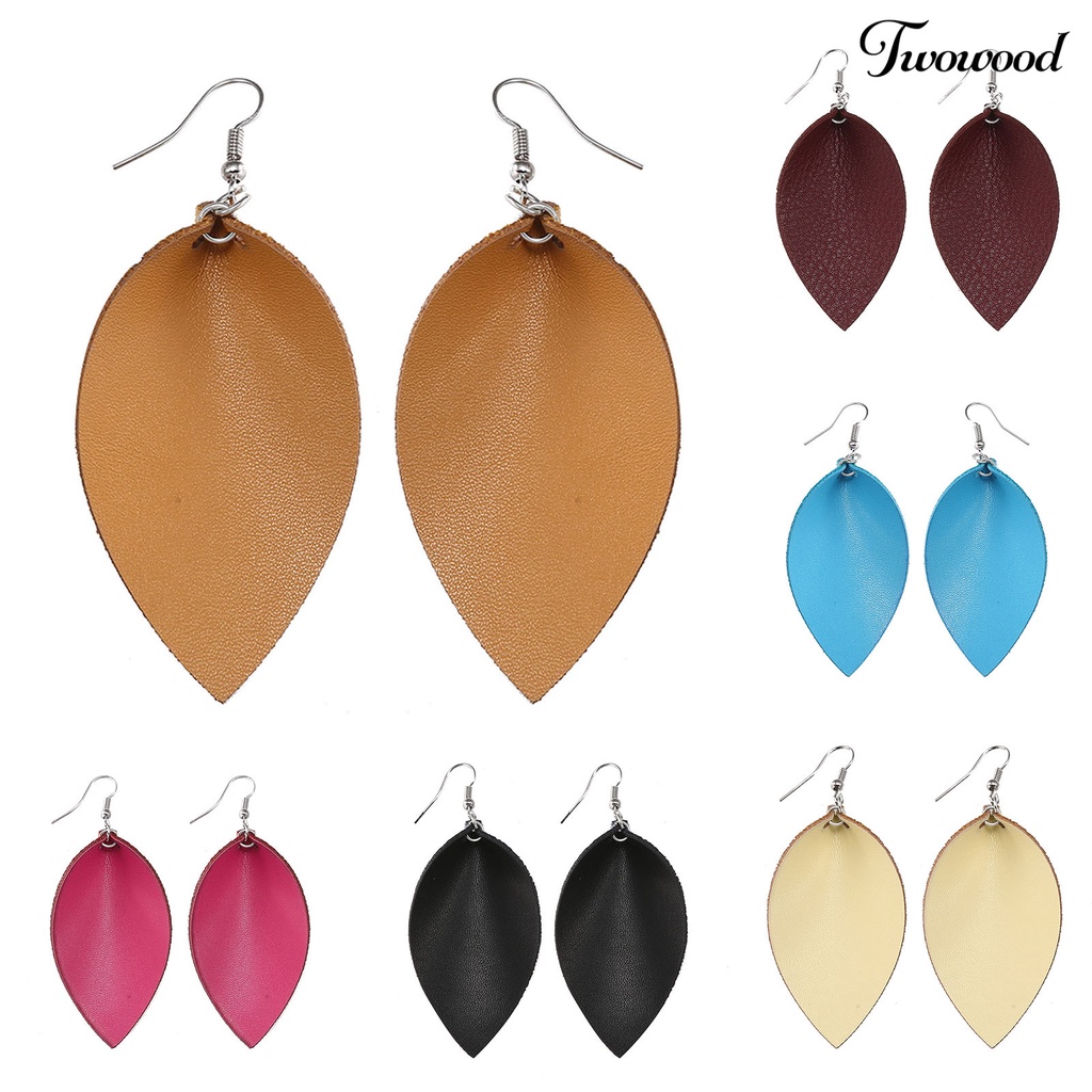 Twowood 1 Pair Hook Earrings Leaf Shape Ethnic Style Faux Leather Plant Shape Lightweight Dangle Earrings for Wedding